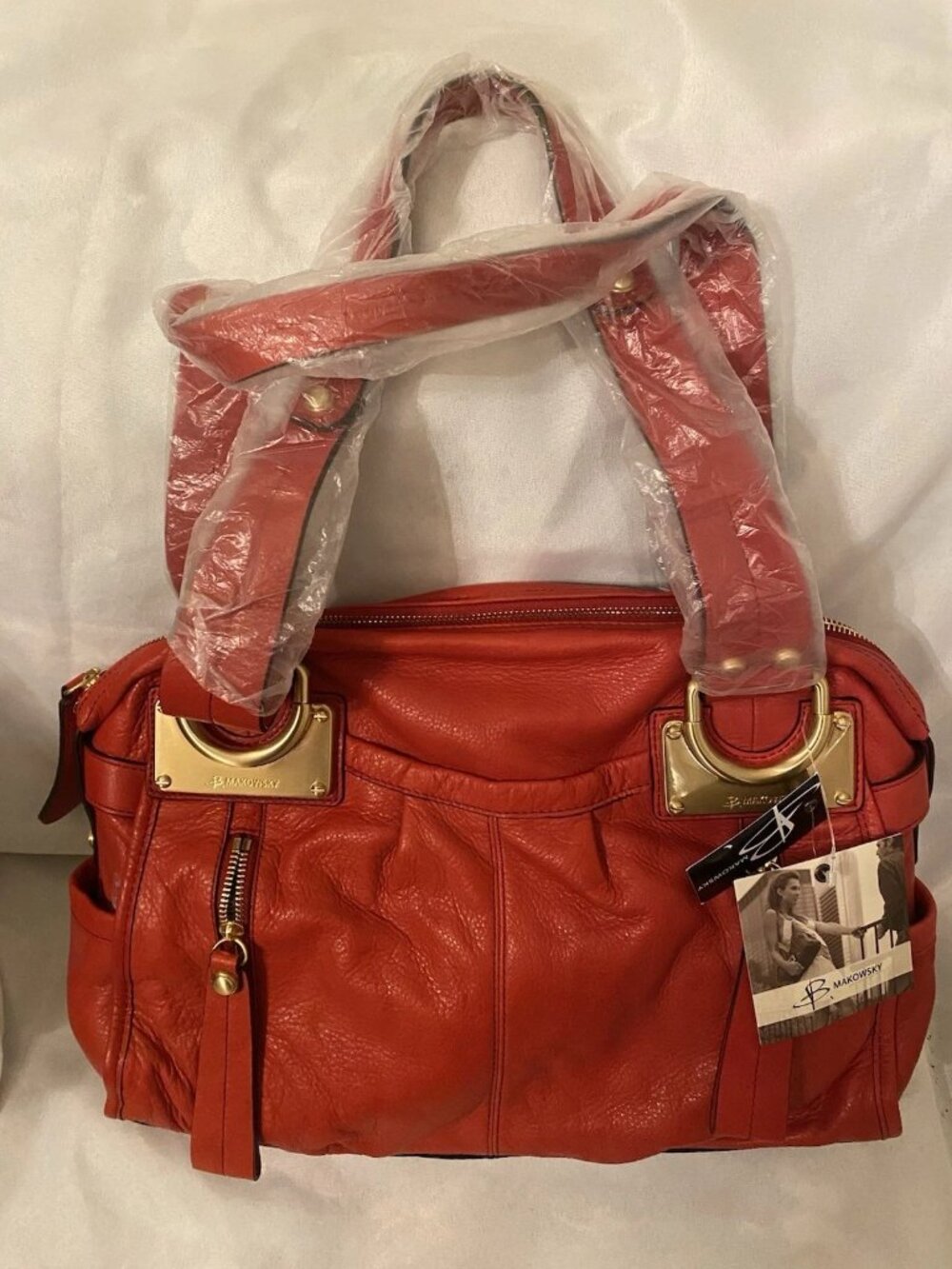 NWT Vntg B. Makowsky Red Pebbled Leather Shoulder Bag Gold-Tone Hardware